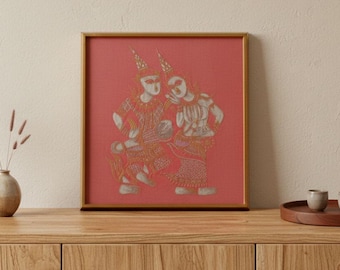 Vintage Thai Silk Painting: Framed Ceremonial Art