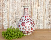Mid-Century Red White Asian Vase, Vintage Asian Red and White Vase, Red and White Glazed Flower Pot, Vintage Ceramic Asian Amphora Vase