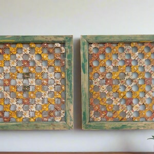 Set of Two, Antique Multicolor Lattice Windows,Antique chinese wall panel,Antique Folk Panels,Oxidized Antique Window, painted wallart,panel