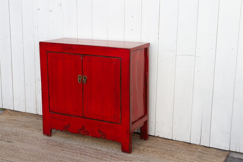 Two Door Ruby Red Chinese Cabinet, Traditional Chinese Cupboard,Red Lacquer Cabinet,Double Door Chinese Cabinet,Hand-painted Chinese Cabinet image 4