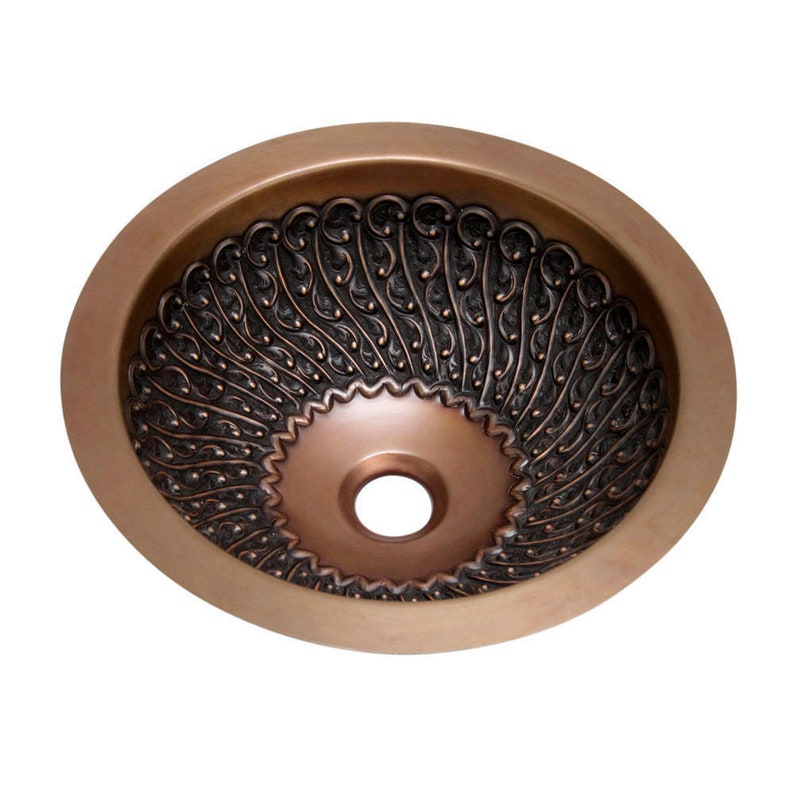 Round Carved Copper Sink Boat Shaped Bowl Basin For Bathroom Kitchen Deep Bronze