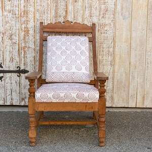 Antique Teak Plantation Chair with block print linen upholstery, Indian Plantation Lounge Chair, Antique Club Chair, Antique Colonial chair image 3