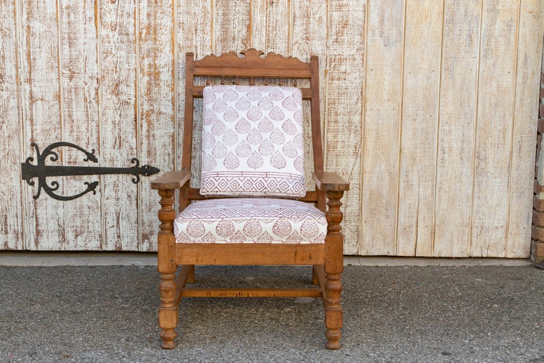 Antique Teak Plantation Chair with block print linen upholstery, Indian Plantation Lounge Chair, Antique Club Chair, Antique Colonial chair image 3