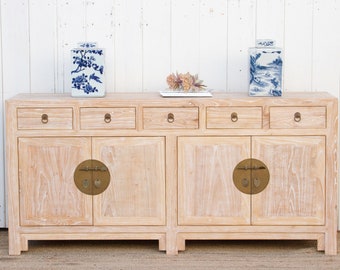 Coastal style wooden sideboard, Long Whitewash Elm Wood Sideboard, Long Elm Wood Sideboard, Rustic Sideboard Buffet,Shabby Chic Buffet Table