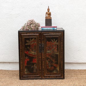 Antique Dramatic Painted Oriental Cabinet, Antique Chinese Nightstand, Hand-Painted Chinese Bedside Cabinet, Decorated Chinese Cabinet
