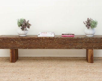 Antique Teak Beam Bench: Carved Floral Motif, 18th Century Chunky Beam