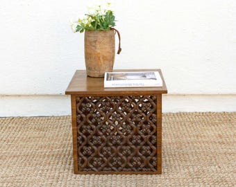 Mid-Century Carved Jali Coffee Table: Reclaimed Teak Floral Design Sofa Side Table