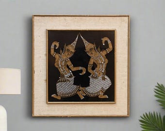 Vintage Framed Thai Silk Art: Gold Leaf Dancers Painting