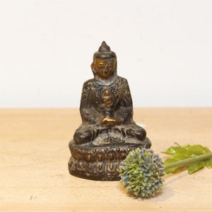 May include: A small, black and gold Buddha statue sitting in a meditative pose on a decorative base. The statue is surrounded by a light brown surface and a green and blue flower.