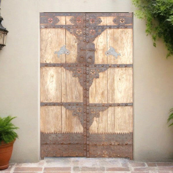 Antique Chinese Elm Doors: Rustic Chateau Gate Pair, Iron Hardware