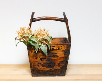 Weathered Wooden Asian Basket, Asian Style Decor, Rustic Wooden Storage Basket, Distressed Wooden Basket,Aged Wooden Container,Flower Basket