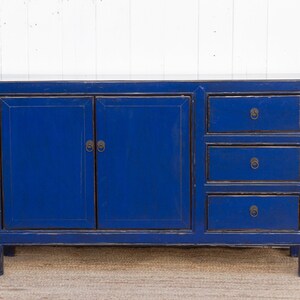 Royal Blue Lacquered Asian Credenza, Blue Chinese Sideboard, Lacquered Royal Blue Chinese Cabinet, Asian Credenza, Reclaimed Asian Furniture image 2