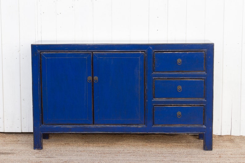 Royal Blue Lacquered Asian Credenza, Blue Chinese Sideboard, Lacquered Royal Blue Chinese Cabinet, Asian Credenza, Reclaimed Asian Furniture image 2