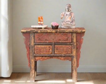 Graceful Carved Asian Console, Antique Chinese Carved Red cabinet, Antique vanity cabinet, Antique 3 drawer console,   Altar console table