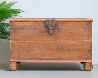 Charming Antique Indian Teak Dowry Trunk ,50% Off! Free Shipping Antique British Colonial Trunk Box,Rustic Storage chest ,Indian Teak Chest