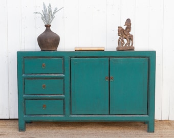 Glossy Teal Asian 3-Drawer Credenza, Teal Asian Sideboard,Teal Lacquer Buffet Cabinet,Sleek Reclaimed Teal Painted Sideboard, Buffet Cabinet