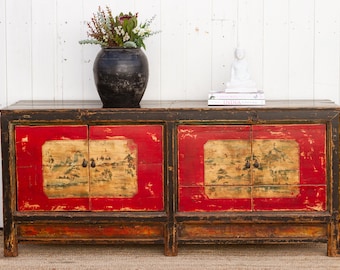 78" Long Painted Antique Mongolian Sideboard, Rustic Antique Mongolian Buffet Cabinet, Old World Mongolian Sideboard, Distressed Wood Server