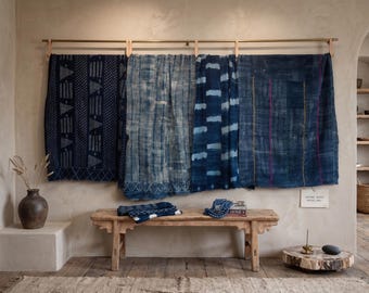 Vintage Indigo Mud Cloth Throw, Hand-loomed Cotton, Mali Geometric Textile