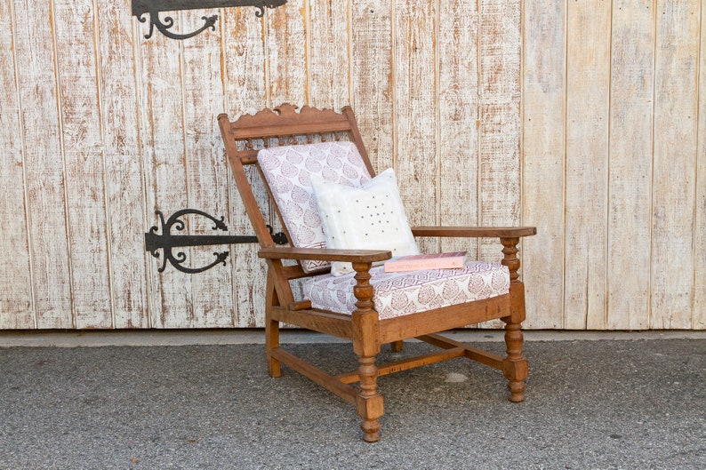 Antique Teak Plantation Chair with block print linen upholstery, Indian Plantation Lounge Chair, Antique Club Chair, Antique Colonial chair image 10