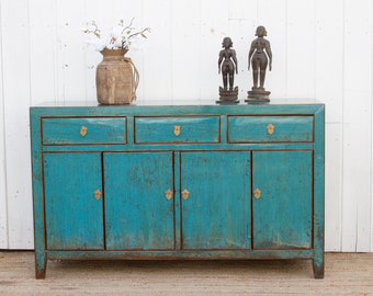 Lacquered Blue Topaz Asian Sideboard, Blue Distressed Wood Credenza, Traditional Asian Storage Buffet, Shabby Chic Blue Asian Sideboard