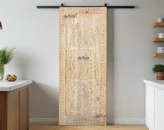 Carved Moroccan Medallion Door: Bleached Reclaimed Teak Interior Door, 80"