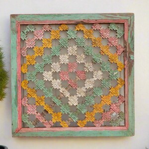 Antique Multicolor Painted Chinese Window,Antique asian wall art,chinese lattice grid panel,Rustic wall art,Boho decor,Farmhouse style decor