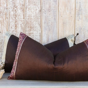 Brown Large Festive Indian Silk Queen Lumbar Pillow Cover, Indian Silk Sham, Vintage Lumbar Pillow Cover, Indian Silk and Lace Pillow Cover