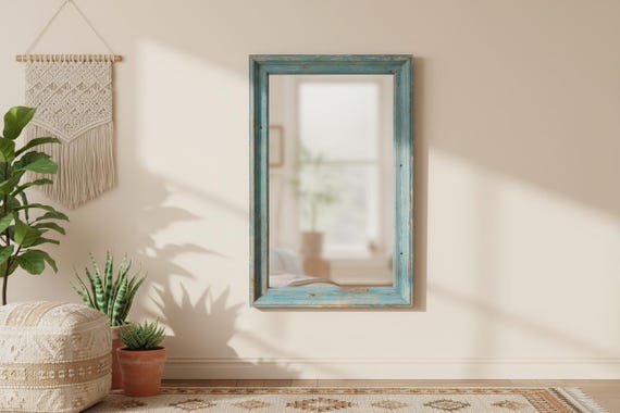 Antique Carved Wood Wall Mirror: Ocean Blue Distressed Finish Mirror
