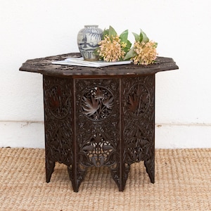 Hand-Carved Kashmiri Coffee Table: Antique Indian Wood, Floral Motif