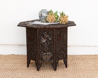 Hand-Carved Kashmiri Coffee Table: Antique Indian Wood, Floral Motif