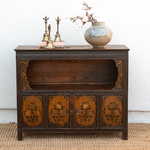 Antique Tibetan Altar Cabinet with Original Painted Finish, Hand-Painted Tibetan Cabinet, Painted Wooden Altar, Asian Antique Cabinet