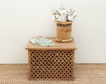Floral Jali Coffee Table: Mid-Century Reclaimed Teak, Hand-Carved Side Table