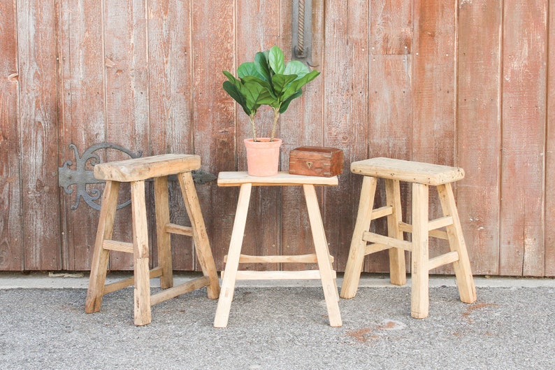 Shabby Chic Petite Bleached Wood Stool Rustic Wooden Joint Antique Side Table Boho Home Decor