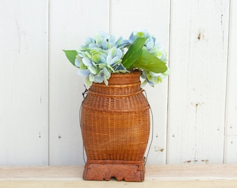 Vintage Thai Rattan Basket, Handwoven Tribal Container