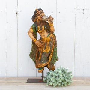 Antique Indian Stone Celestial Dancer, Indian Painted Stone Statue, Antique Colorful Indian Dancing Figure, Tabletop Statue,  Accent Statue