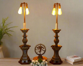 Antique Pewter Temple Lamps: Engraved Metal Table Lamp Pair