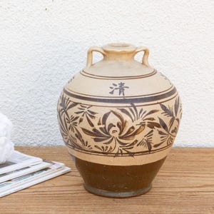 Charming Vintage Painted Pottery Vase, Terracotta Chinese Painted Jar,Vintage Decorative Chinese Handled Jar,Vintage Chinese Terracotta Vase