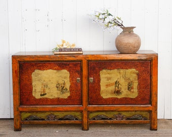 Jasper Orange Painted Mongolian Sideboard, Orange Buffet Cabinet, Distressed Orange Credenza, Bohemian Storage Cabinet, Mongolian Sideboard