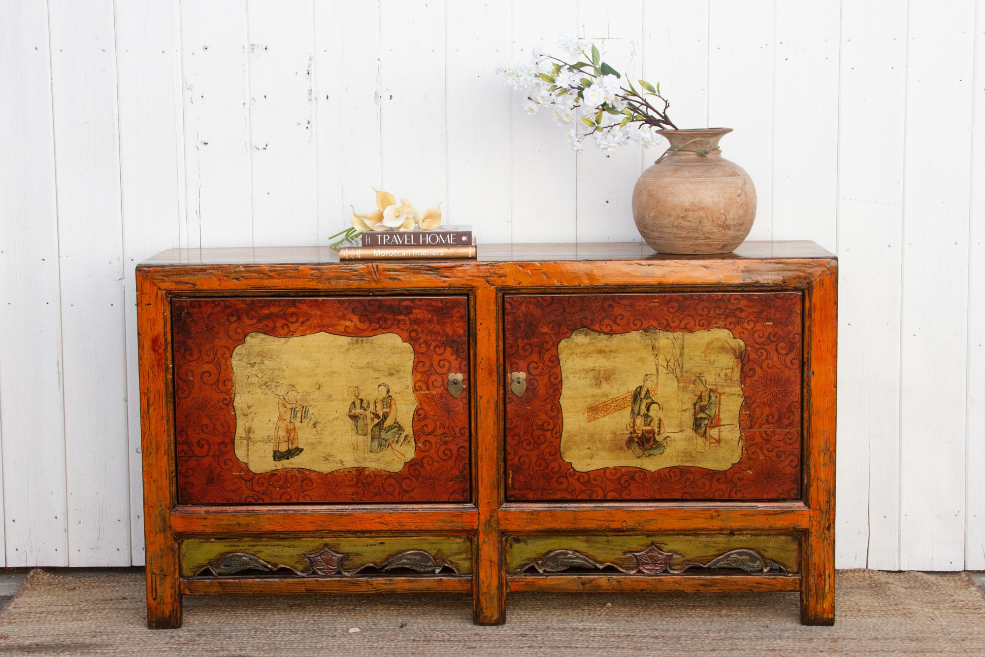 Jasper Orange Painted Mongolian Sideboard, Orange Buffet Cabinet, Distressed Orange Credenza, Bohemian Storage Cabinet, Mongolian Sideboard