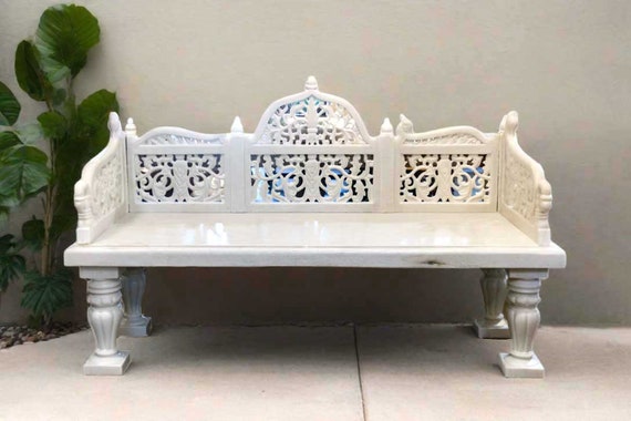 Handcarved White Marble Garden Bench: Traditional Indian Outdoor Bench