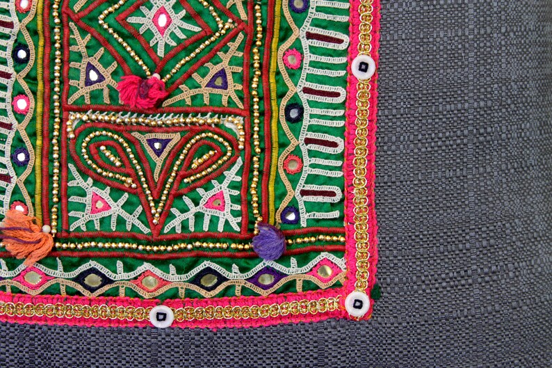 Charcoal Linen RabariPillow,Hand Embroidered Pillow,Patchwork Indian pillowVintage Boho Pillow,Handmade Pillow,Moroccan Pillow,living pillow