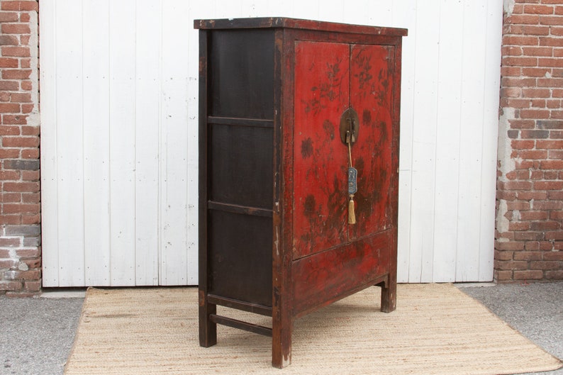 Antique Painted Chinoiserie Armoire Cabinet, Hand-Painted Armoire, Antique Wardrobe, Distressed Armoire, Traditional Asian Storage Armoire image 7