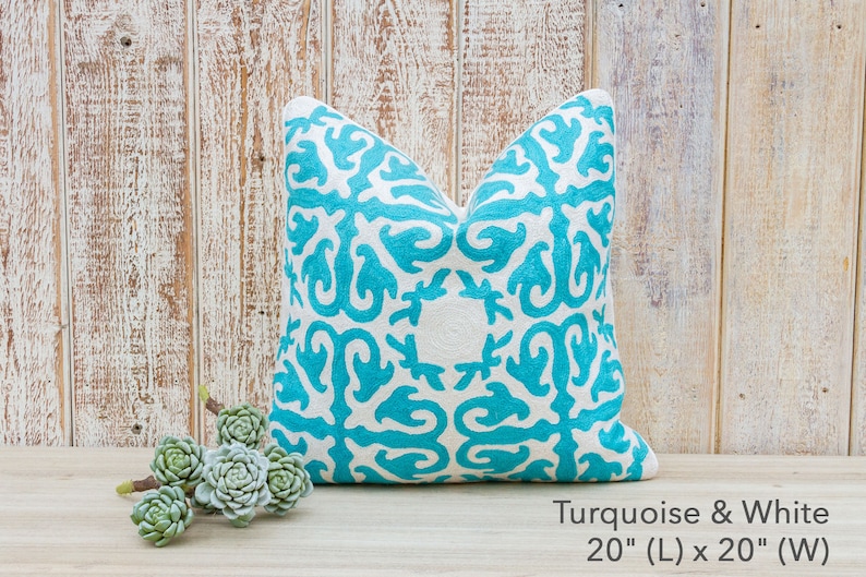 Moroccan Wool Embroidered Throw Pillow Cover,Indian Pillow Sham,Kashmiri Pillow,Moroccan Pillow,Crewel Stitched Pillow,Moorish Pillow Cover Turquoise
