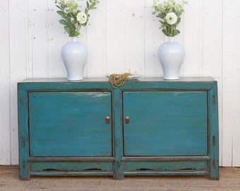 Painted Peacock Blue Buffet Cabinet, Dining Room Storage,Distressed Buffet Cabinet,Farmhouse Style Buffet,Rustic Blue Credenza,Buffet Server