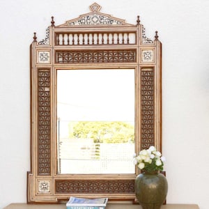 Mid-Century Moorish Inlaid Mirror, Moroccan Mirror, Vanity mirror, Living room mirror, Arched carved mirror, Moorish Inlaid Bathroom Mirror