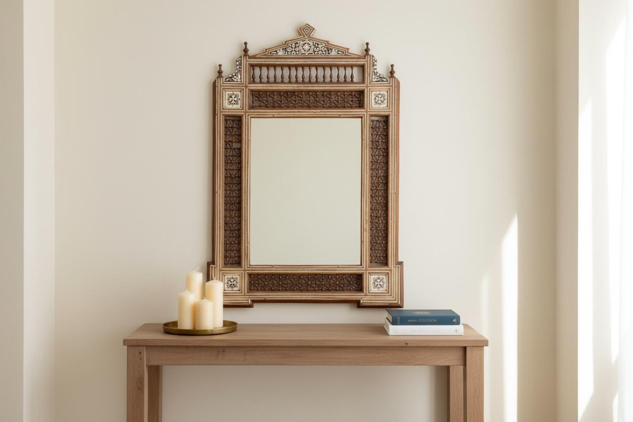 Mid-Century Moorish Inlaid Wood Mirror Arched Moroccan Vanity