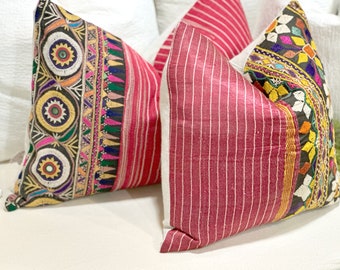 Suzani Embroidered Pillow Cover 16x16 Inches - Bohemian Pom Pom Decorative Throw Pillow