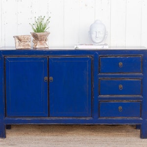 Royal Blue Lacquered Asian Credenza, Blue Chinese Sideboard, Lacquered Royal Blue Chinese Cabinet, Asian Credenza, Reclaimed Asian Furniture image 9