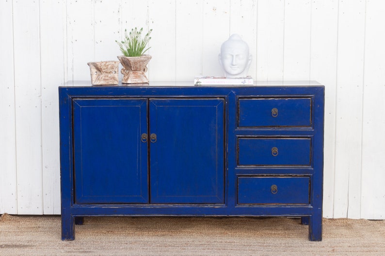 Royal Blue Lacquered Asian Credenza, Blue Chinese Sideboard, Lacquered Royal Blue Chinese Cabinet, Asian Credenza, Reclaimed Asian Furniture image 9