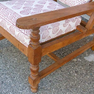 Antique Teak Plantation Chair with block print linen upholstery, Indian Plantation Lounge Chair, Antique Club Chair, Antique Colonial chair image 9